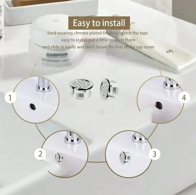 4pcs Chrome Sink Overflow Covers - Round Plastic Inserts for Bathroom Basin-NEW gallery