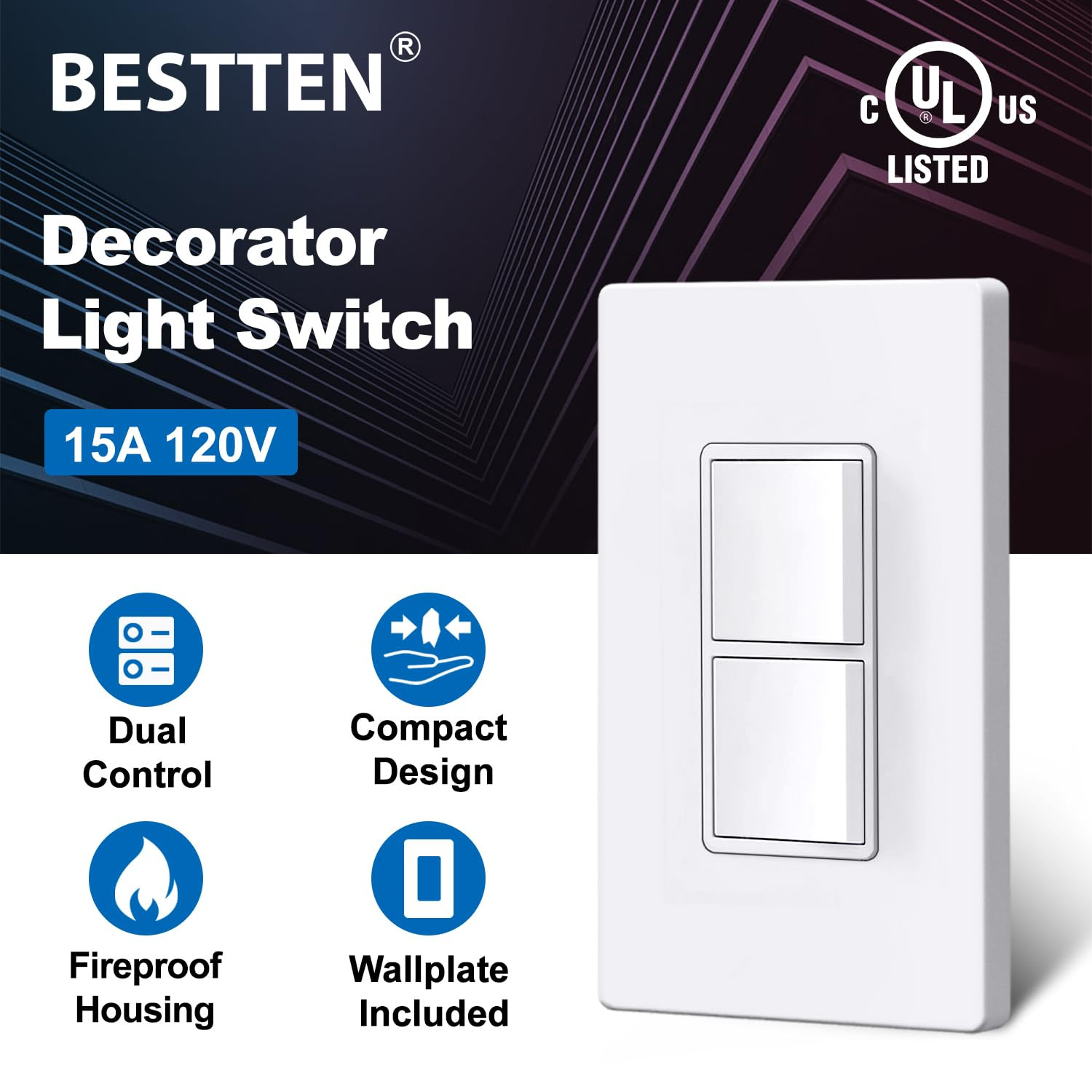 10 Pack Double Light Switch, On/Off Rocker Dual Wall switch, 15A 120V, Single Po gallery