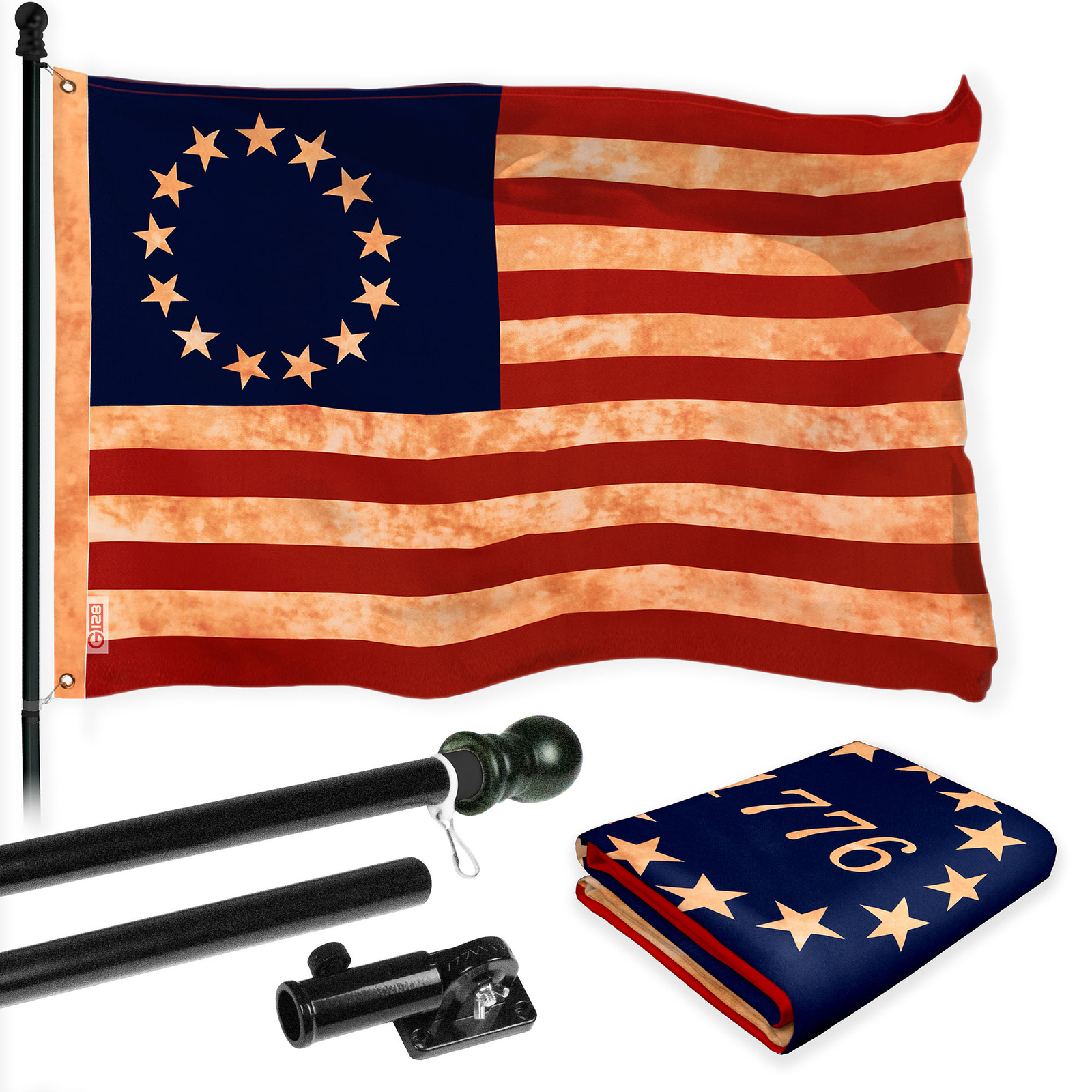 G128 Combo: 6Ft Flagpole Black & Betsy Ross Tea-Stained Flag 3x5Ft Printed Poly gallery