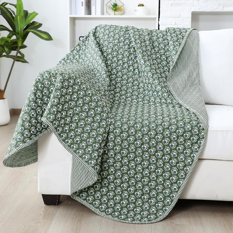 Block Print Quilted Basil Green Throw Reversible Blanket 60 X 90 Inches Cotton Q gallery