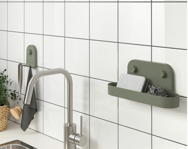 ÖBONÄS Wall shelf with suction cup, gray-green, 11 "x4 ¾ "x4" gallery