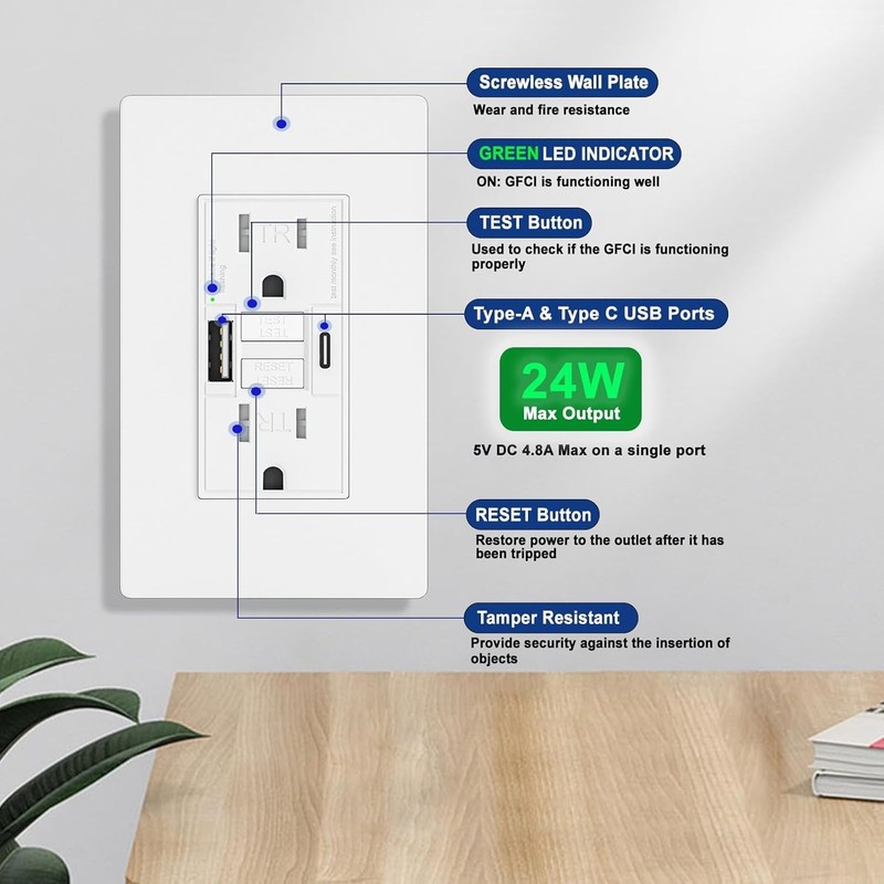 10PACK 15AMP GFCI Outlet with Type A & Type C USB Charging Ports ETL Listed gallery