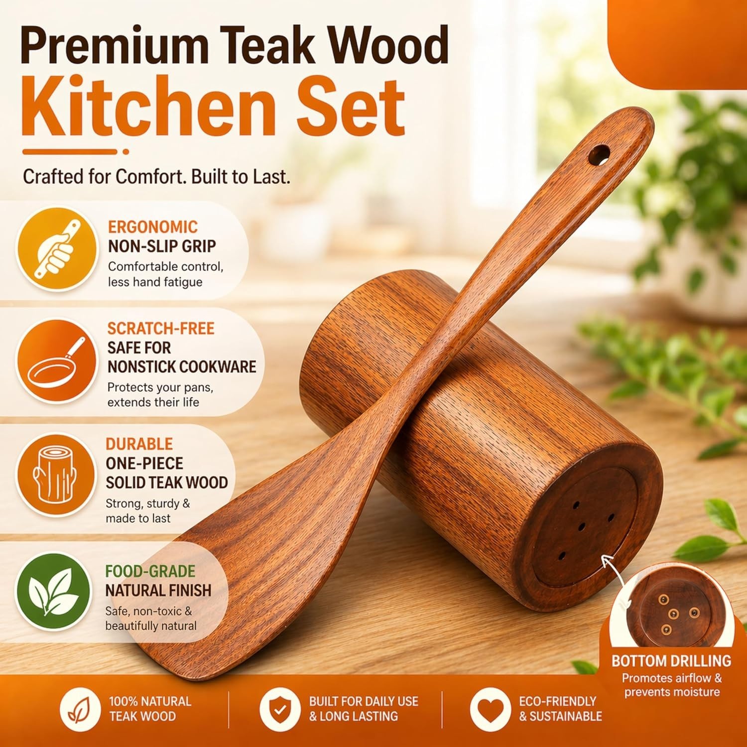 9 Piece Teak Wood Kitchen Utensil Set Heavy Duty Wooden Spoons for Cooking gallery