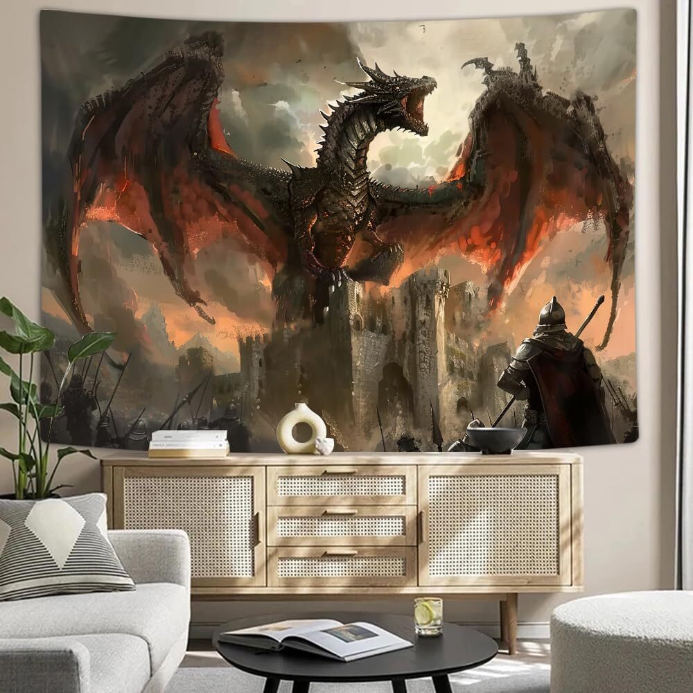 Cool Medieval Dragon Tapestry, Fantasy Animal Red 60L" x 40W", gallery