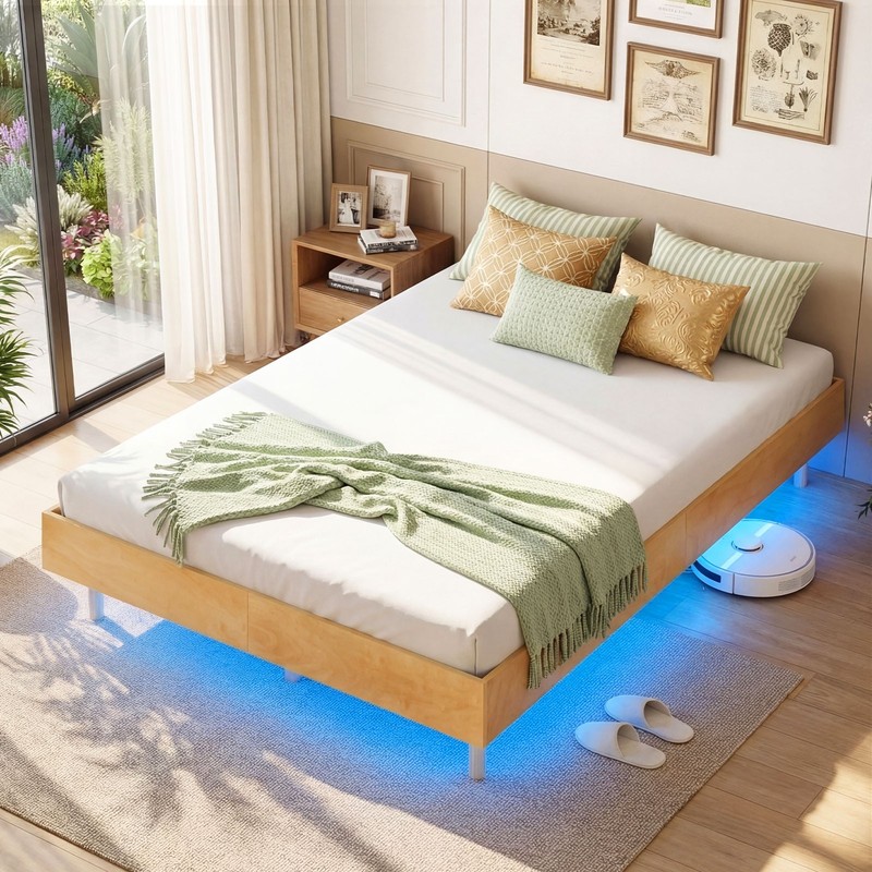 Full Size Floating Bed Frame with LED Lights, 12 Inch Modern Wood Platform Bed gallery