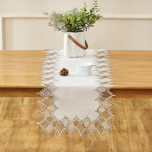 Linen Table Runner 54 inches Long, Neutral Earth Tones Beige Lace White 16”x54” gallery