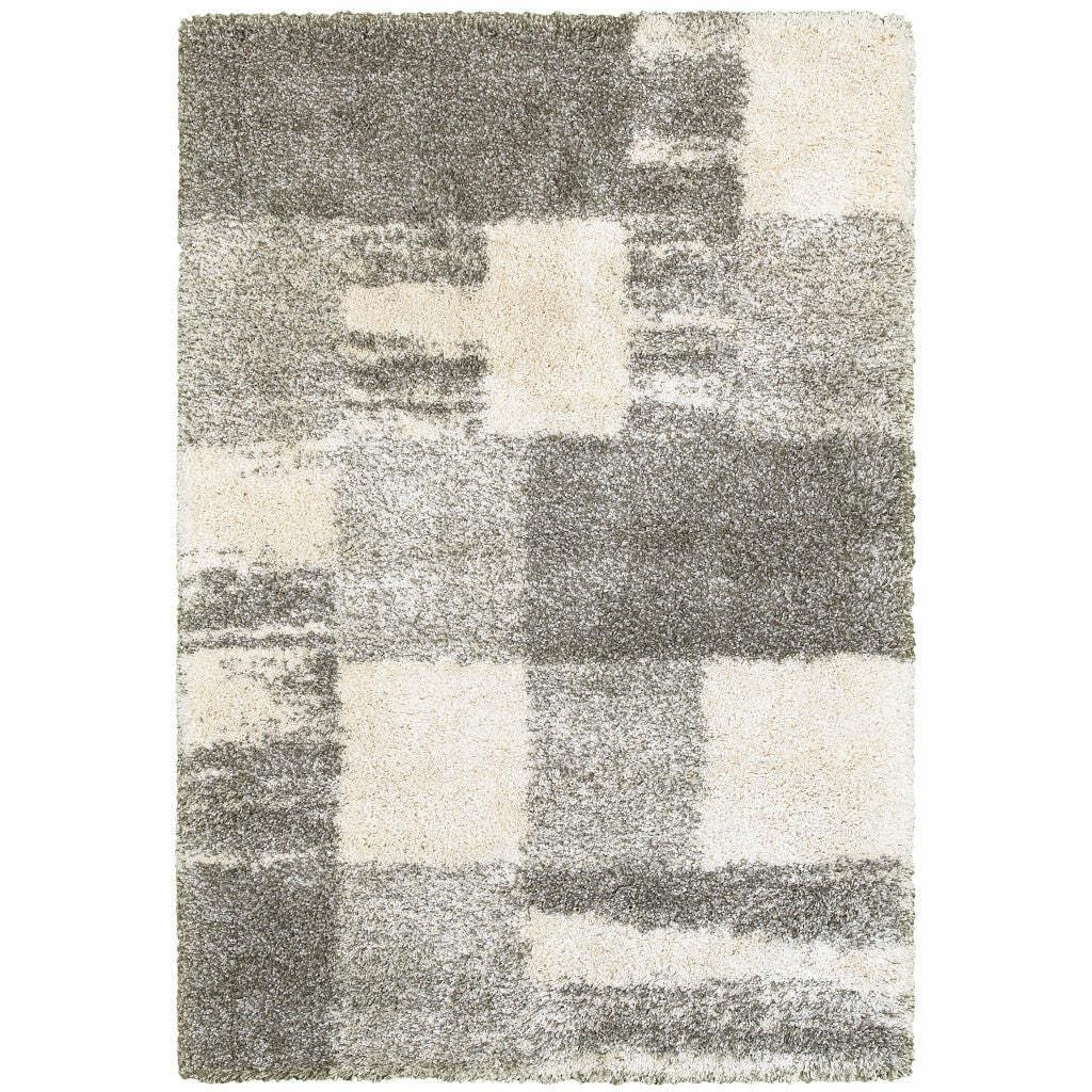 5 Grey Ivory And Silver Geometric Shag Power Loom Stain Resistant Area Rug gallery