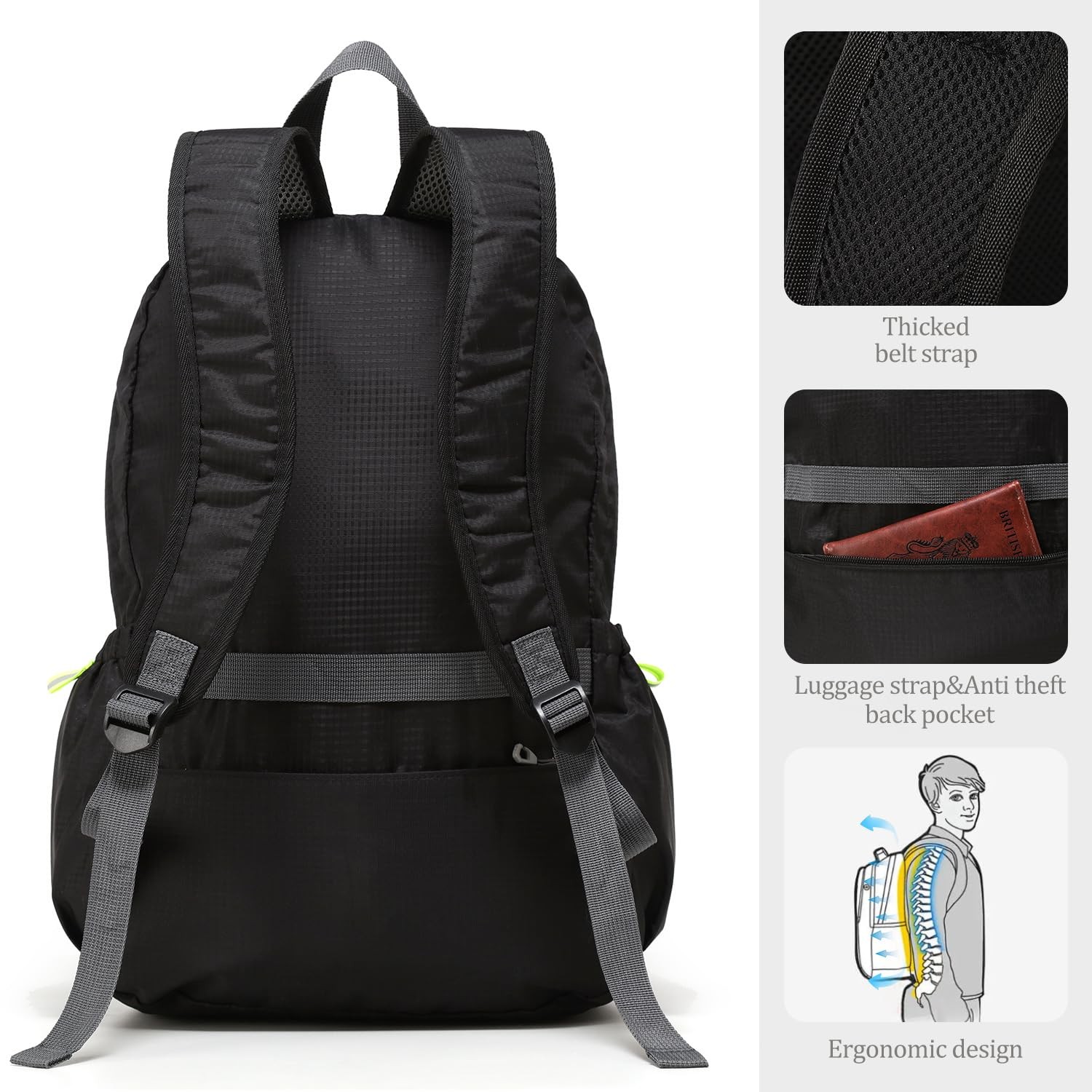 Lightweight Packable Travel Backpack, 30L Black Daypack Hiking Backpack for M... 5