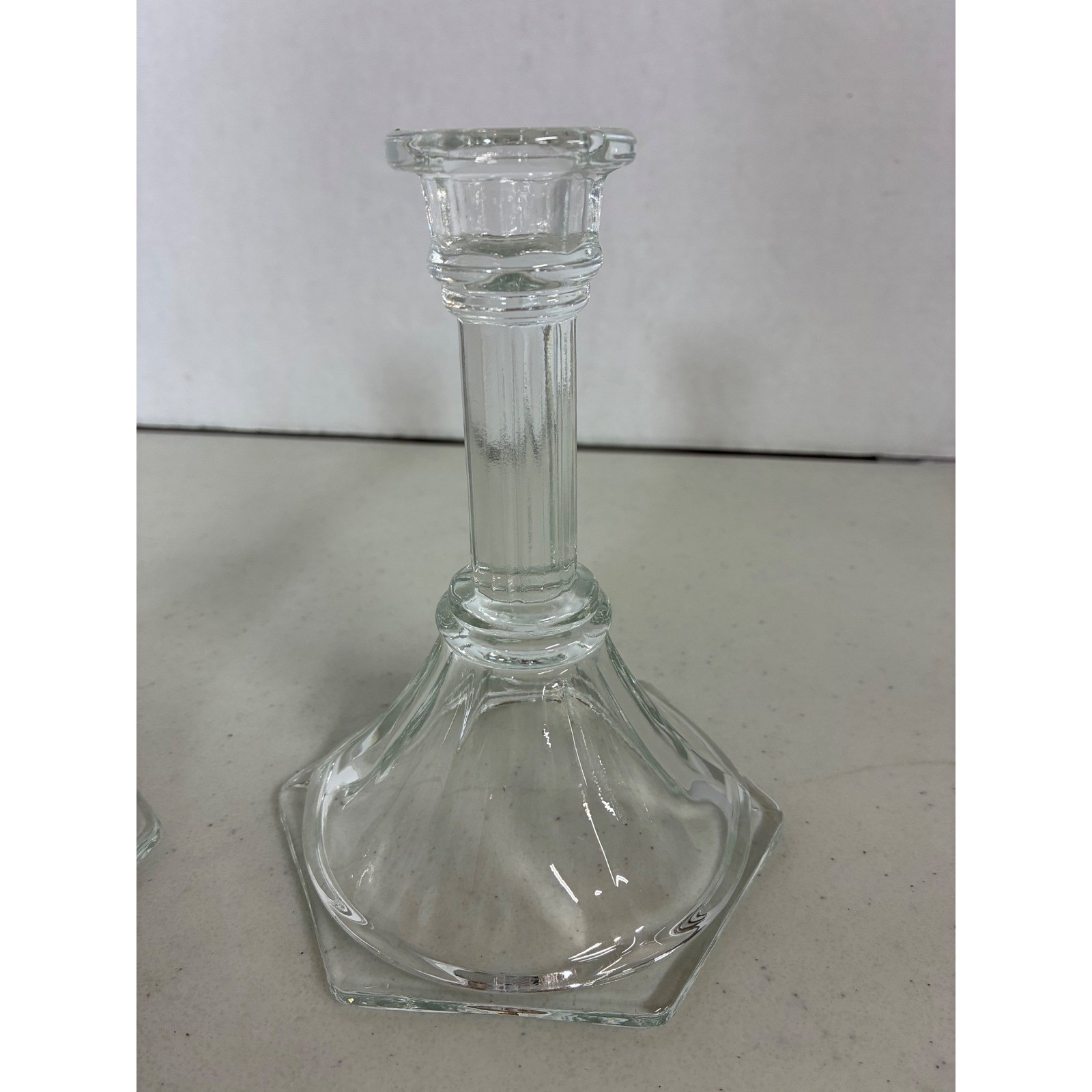Clear Glass Hexagon Base Candlestick Holders Ribbed Stem Set of 2 6.5 Inch gallery