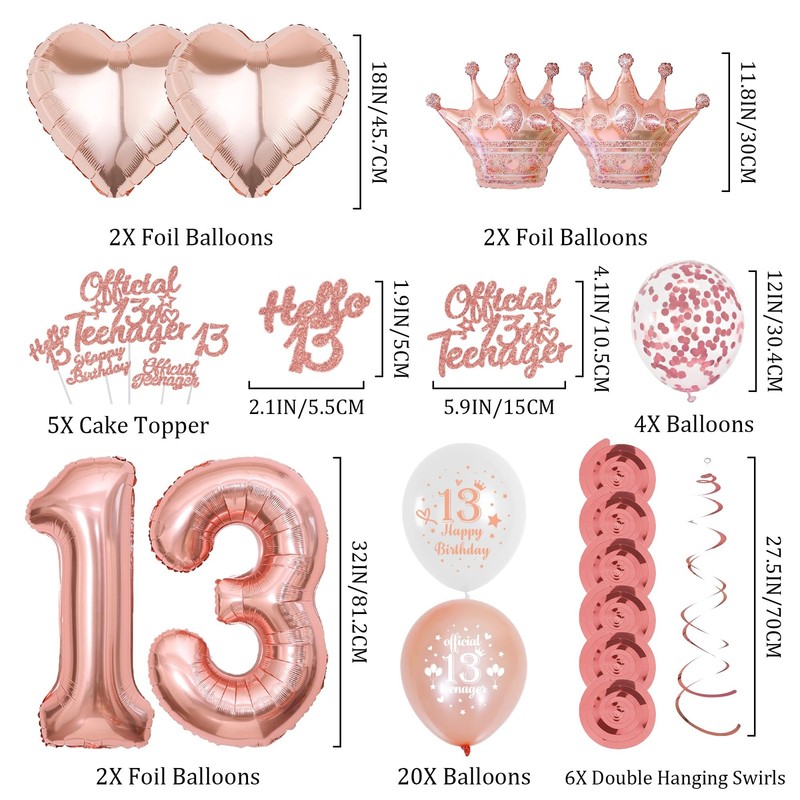 13th Birthday Balloons Decorations for Girls - Rose 15 cm x 20 cm, Gold gallery