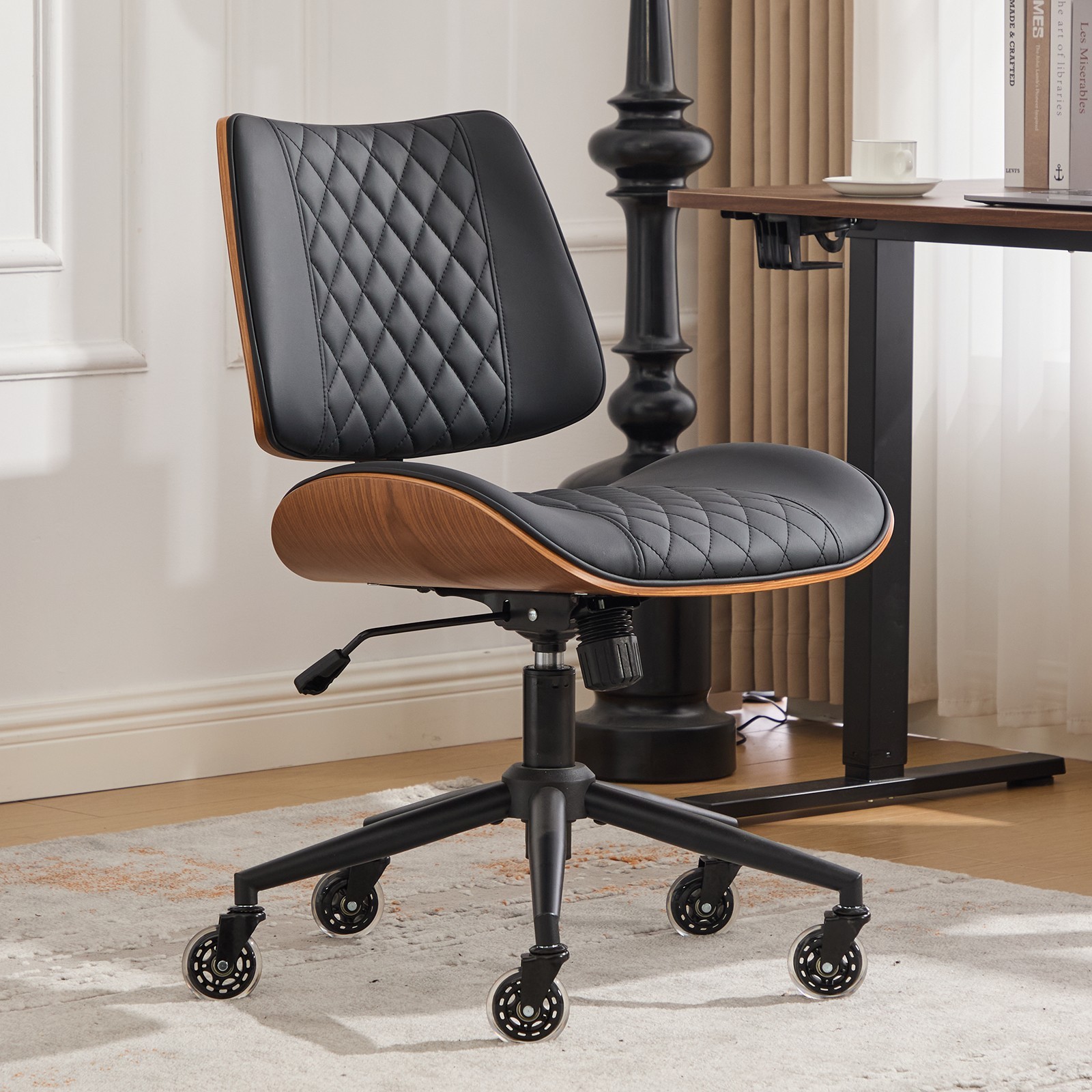 Ergonomic Mid Back Armless Chair, Adjustable Height, 360 Swivel, Brown Leather. gallery