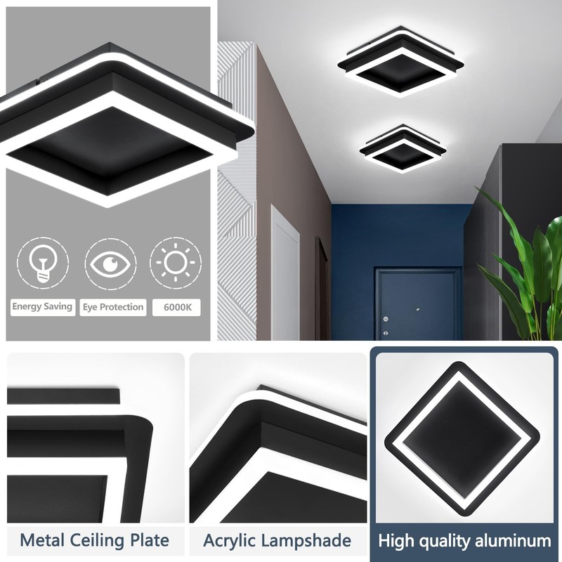 CANEOE Black Modern LED Ceiling Light, Square Flush Mount Ceiling Hallway Lig... gallery