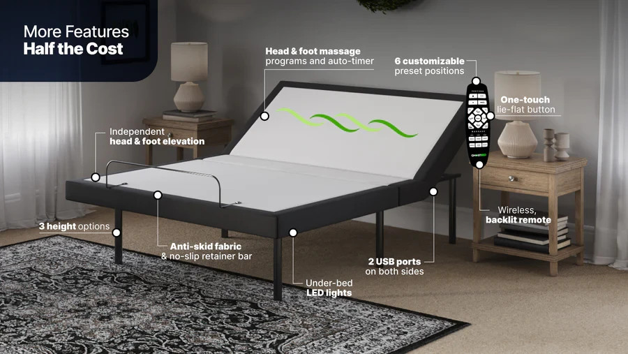 Ghostbed Queen Adjustable Base with lED lights and Wireless Remote