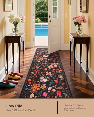 Boho Floral Runner Rug 2x6, Washable Non 2' x 6' (Rectangular) Floral - Black gallery
