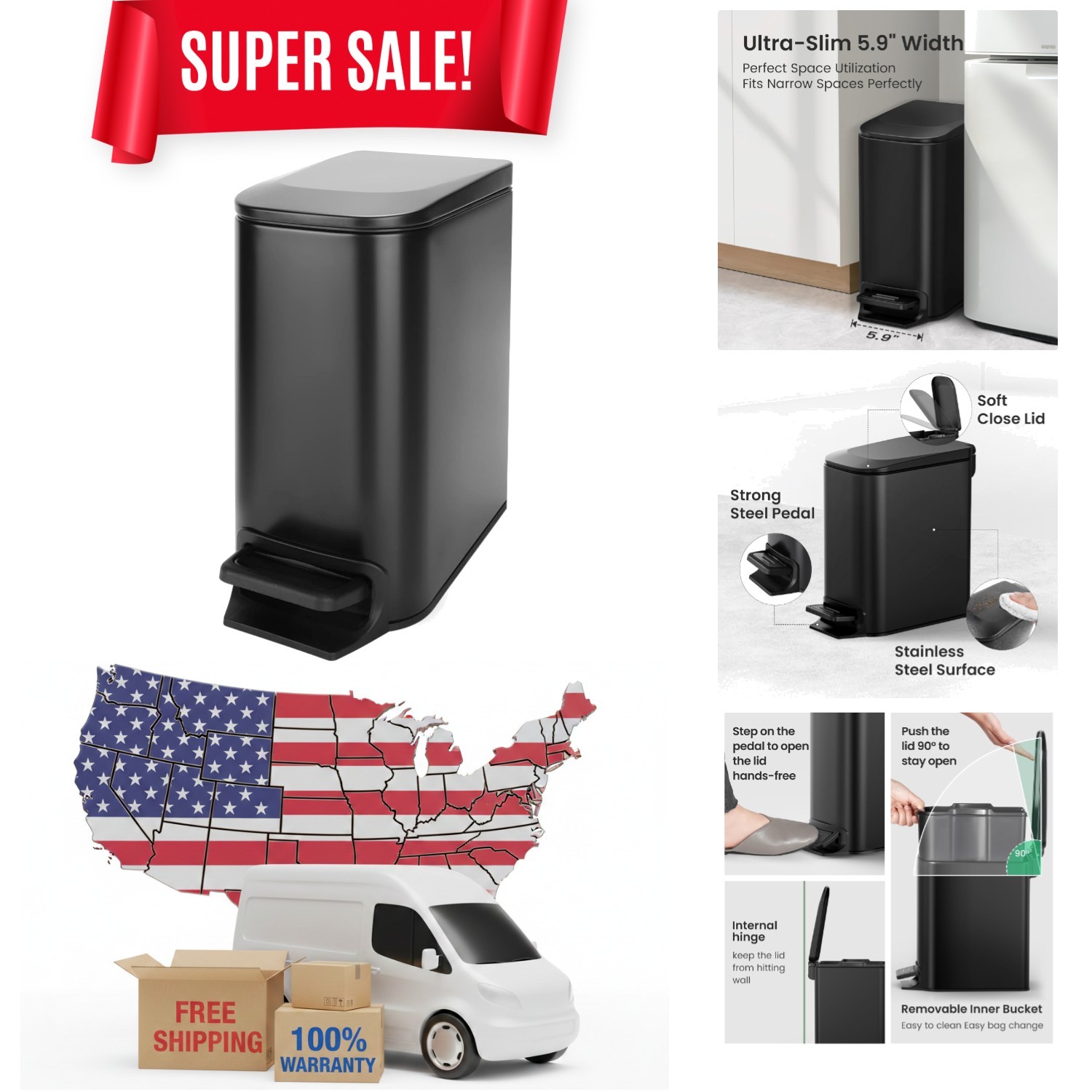 Matt Black Compact Bathroom Trash Can with Quiet Close & Easy Clean Design gallery