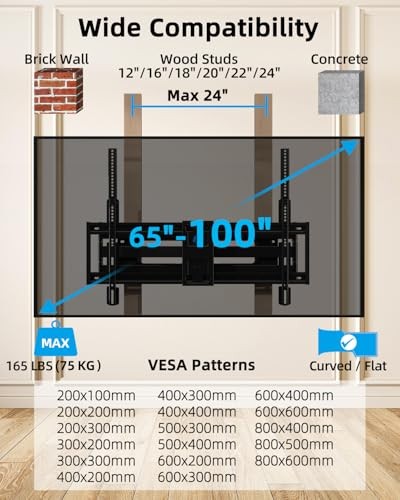 Full Motion Long Arm TV Wall Mount Bracket, Fits 75, 80, wall mount65-100in gallery