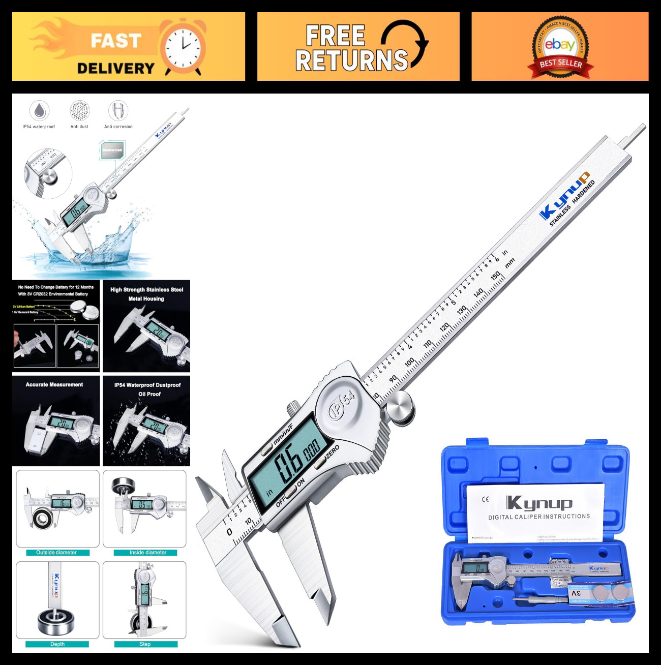 Digital Caliper 6 Inch Stainless Steel Measuring Tool, IP54 Splash Proof, LCD Di gallery