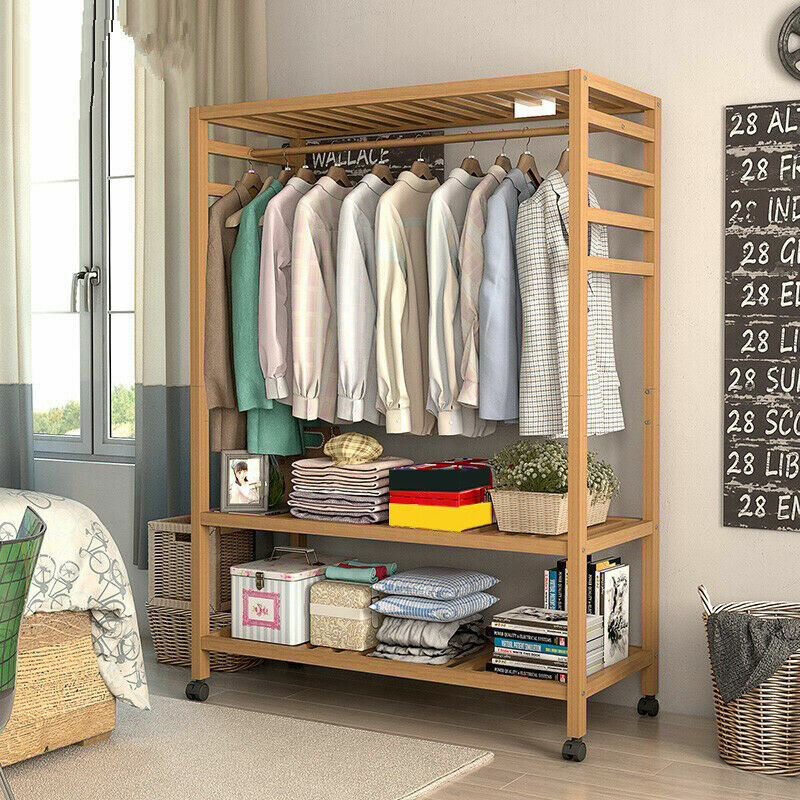 Bamboo Clothes Rail Rack Garment Storage Organizer Hanging Shelf On-Wheels DIY gallery