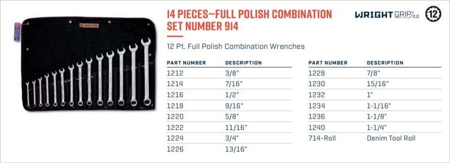 Wright Tool WRIGHTGRIP® 2.0 12 Point Combination Wrench Set 14 Piece SAE 914 gallery