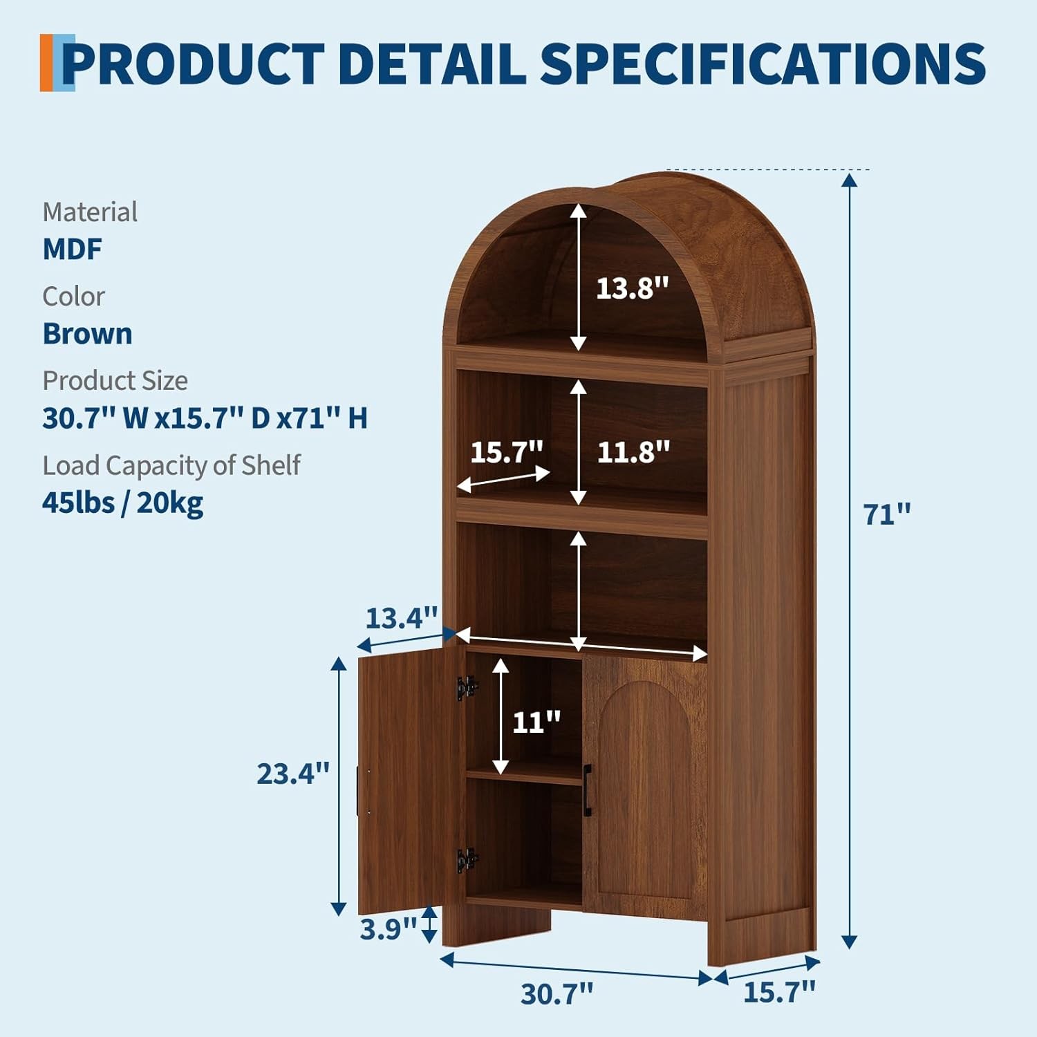 Bookshelf Arched Cabinet with Storage Bookcase Kitchen Pantry Display Storage gallery