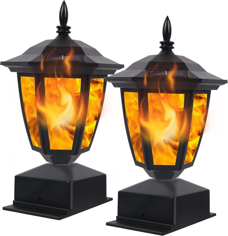 2 Pcs Outdoor Flame Light Solar Post Deck Fence Cap Waterproof Flickering Lights gallery