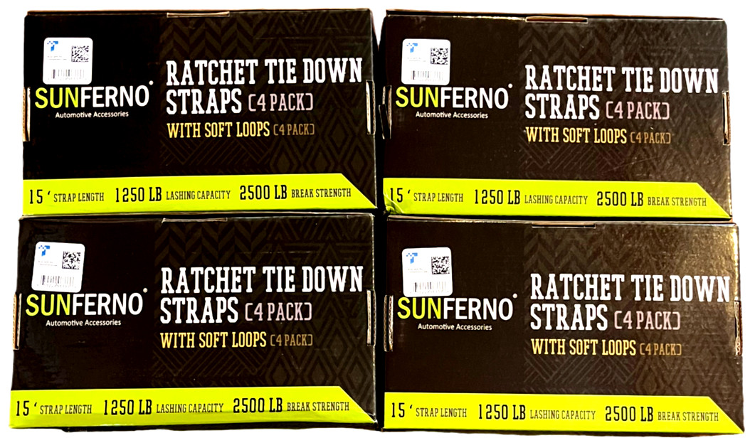 Ratchet Straps Tie Down 2500Lb Break Strength 15 Foot - Sunferno 4Pk - LOT of 4 gallery