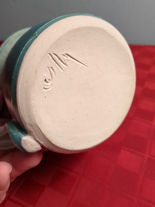 Studio Pottery Coffee Mug Cup Blue Green Wave Design Signed Beach Salt Life gallery