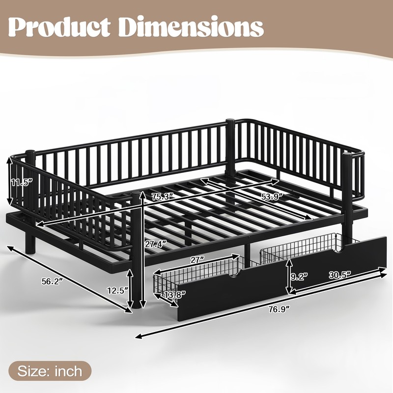 Full Size Metal MDF Platform Bed Frame Daybed Slatted W/ Storage Drawers Black gallery