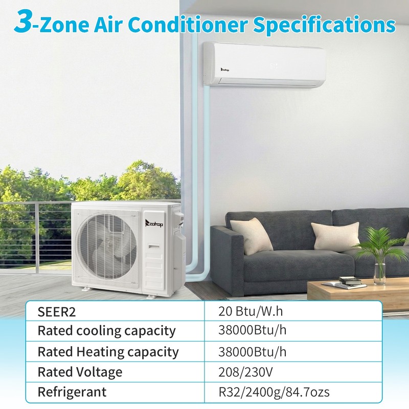 38000 BTU Tri 3 Zone Mini Split Heat Pump Air Conditioner 2 x 12000 + 18000 BTU gallery