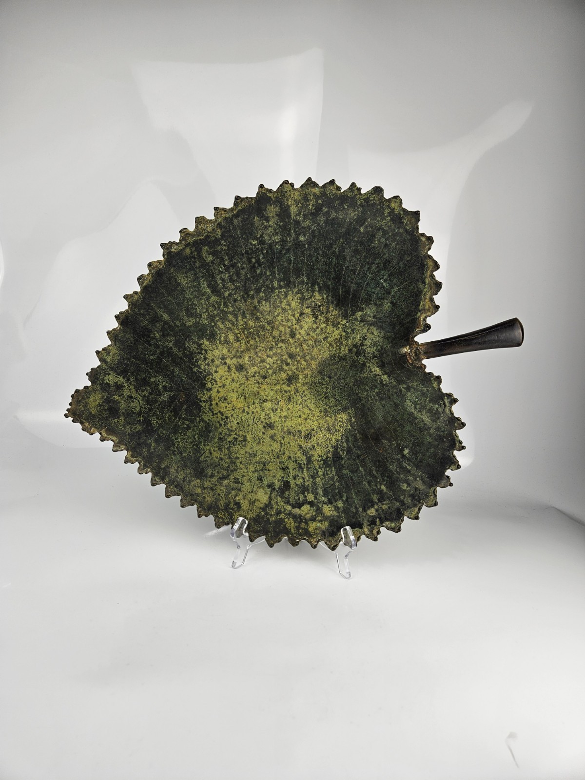 Large Decorative Metal Leaf Tray Bowel Verdigris Patina Ball Feet Serrated Edge gallery
