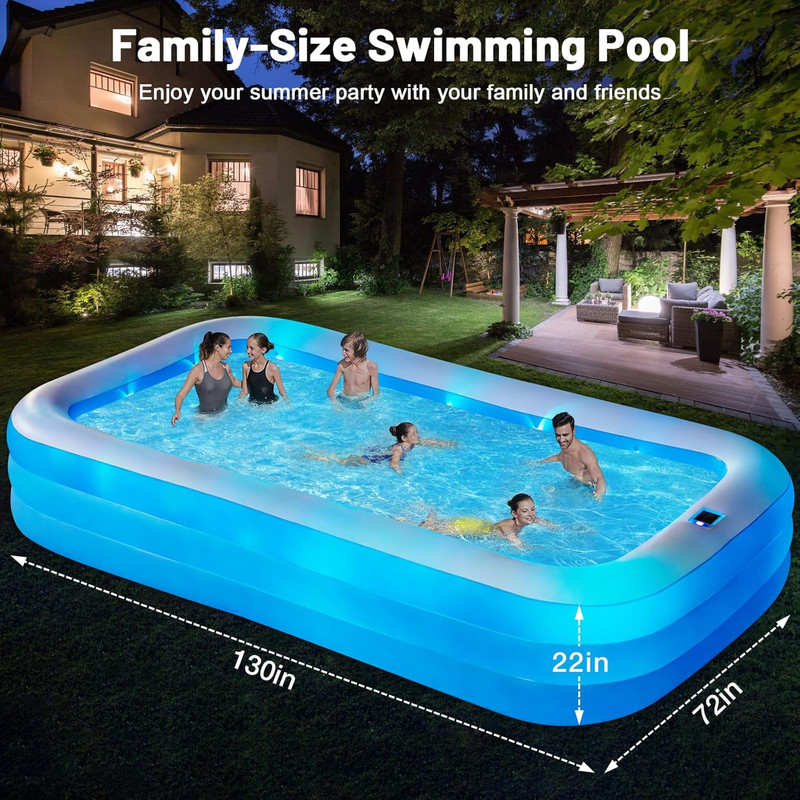 Large Solar Inflatable Pool with Lights, 130"X72"X22", Oversized Thickened Blow gallery