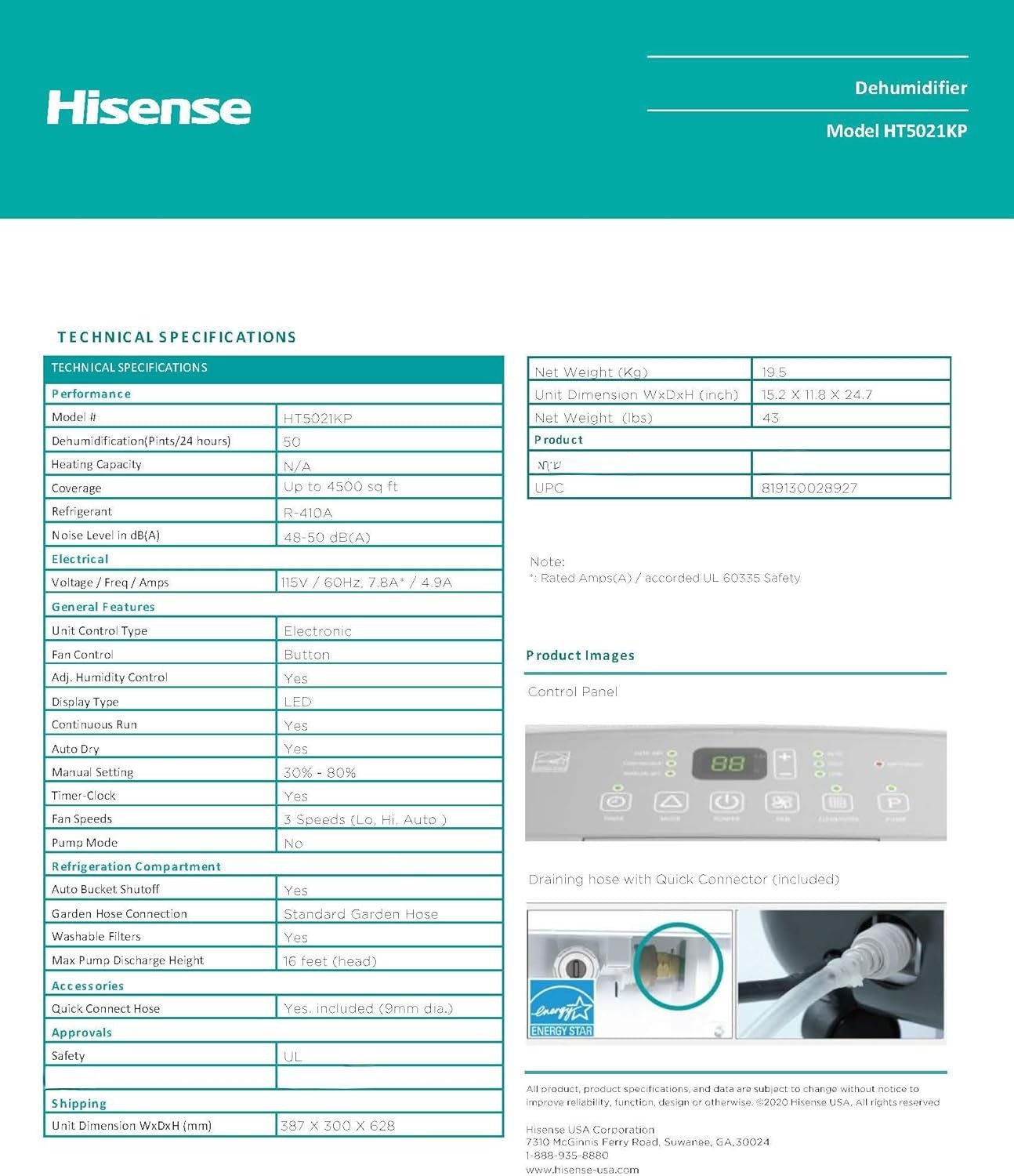 Hisense 50-Pint 3-Speed Dehumidifier with Built-In Pump HT5021KP gallery