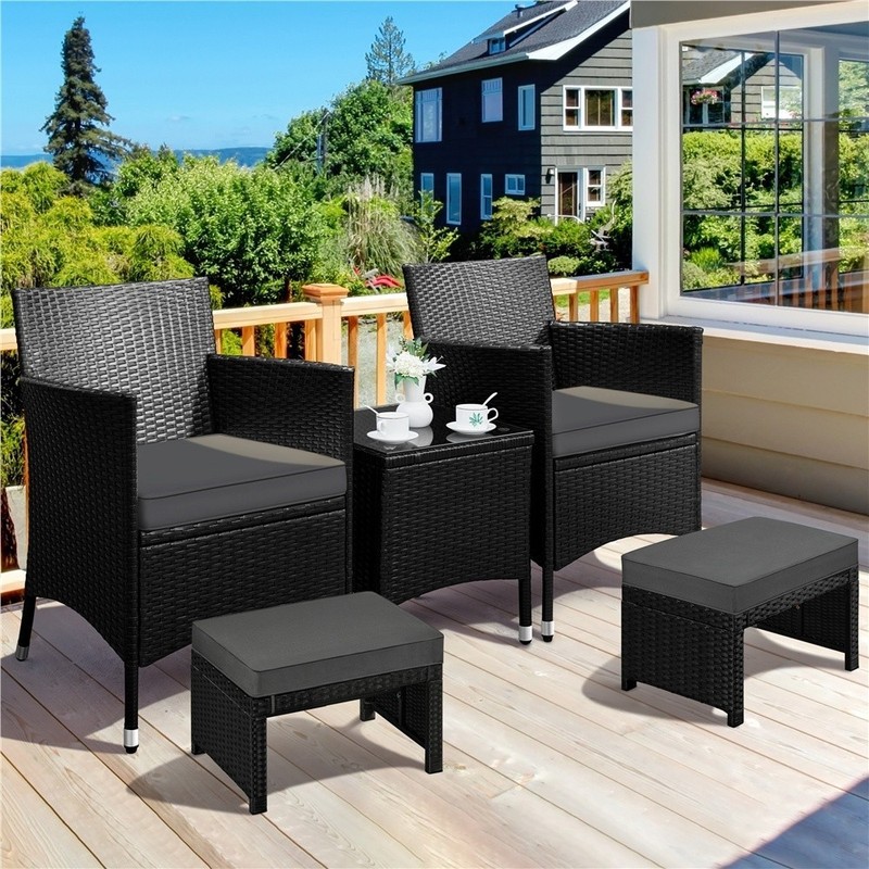 2PCS Wicker Ottomans with Removable Cushion for Patio, Black/Gray gallery