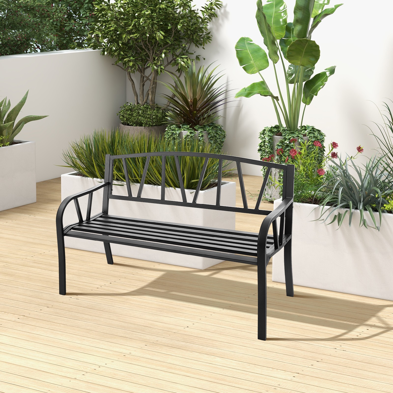 Patio Garden Bench with Metal Frame and Slatted Seat-Black gallery