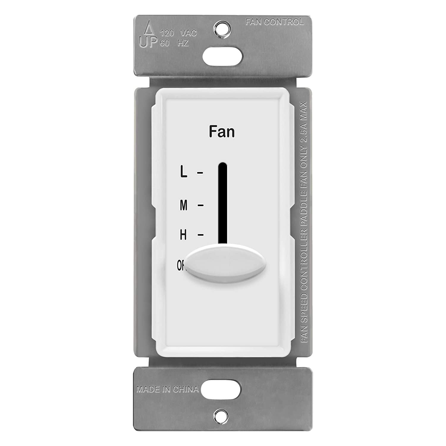 3 Speed in Wall Ceiling Fan Control, Slide Switch, 120VAC, 2.5A, Single-Pole, No gallery