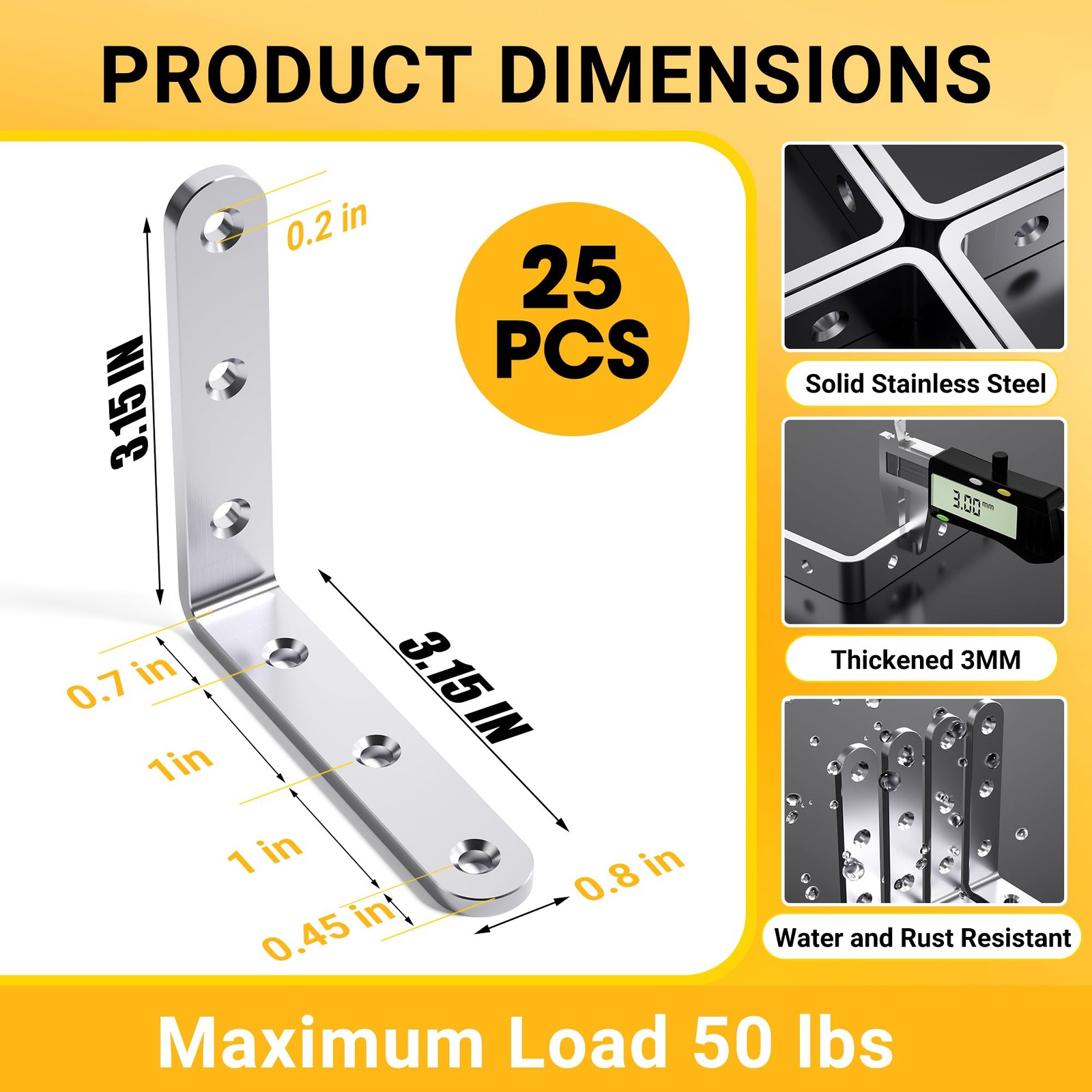 25 PCS 3x3 Inch Stainless Steel Angle Bracket 3MM 90 Degree Corner Brace gallery