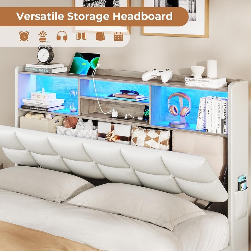Full Size Bed Frame with Bookcase Headboard and Storage gallery