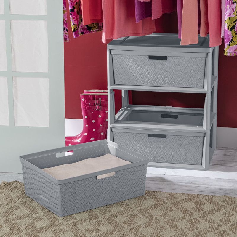 Wide 3 Drawer Tower, Plastic Storage Organizer with Removable Decorative Bins, E gallery