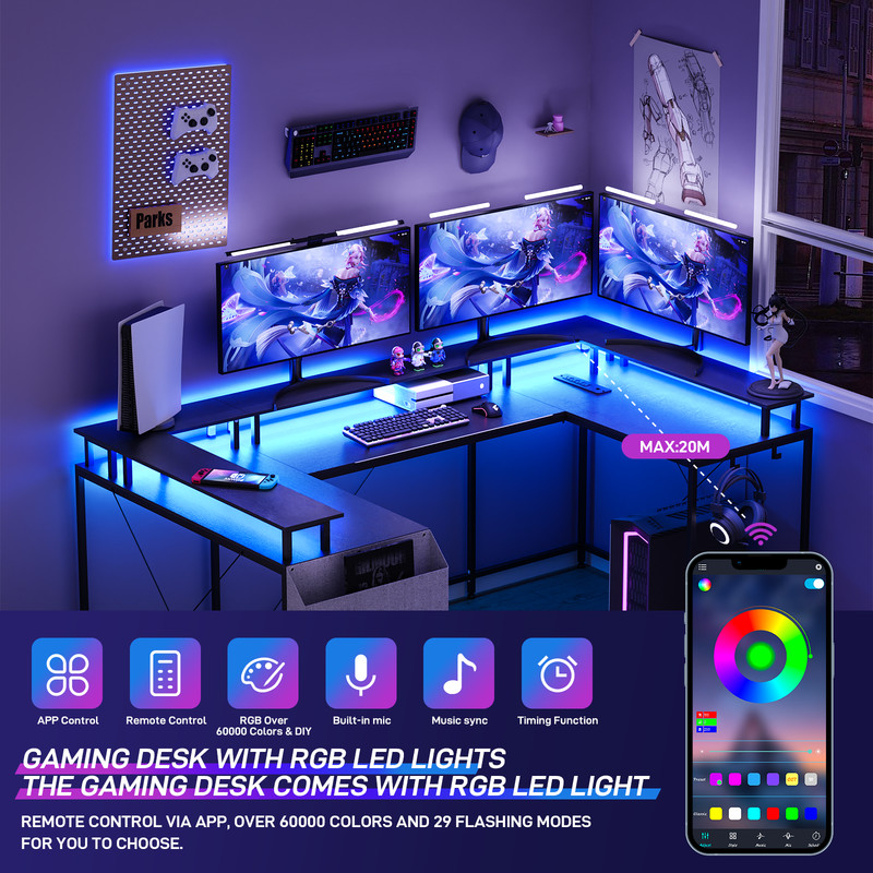 126in U Shaped Computer Gaming Desk, Reversible L Shaped Desk With Storage Shelf gallery