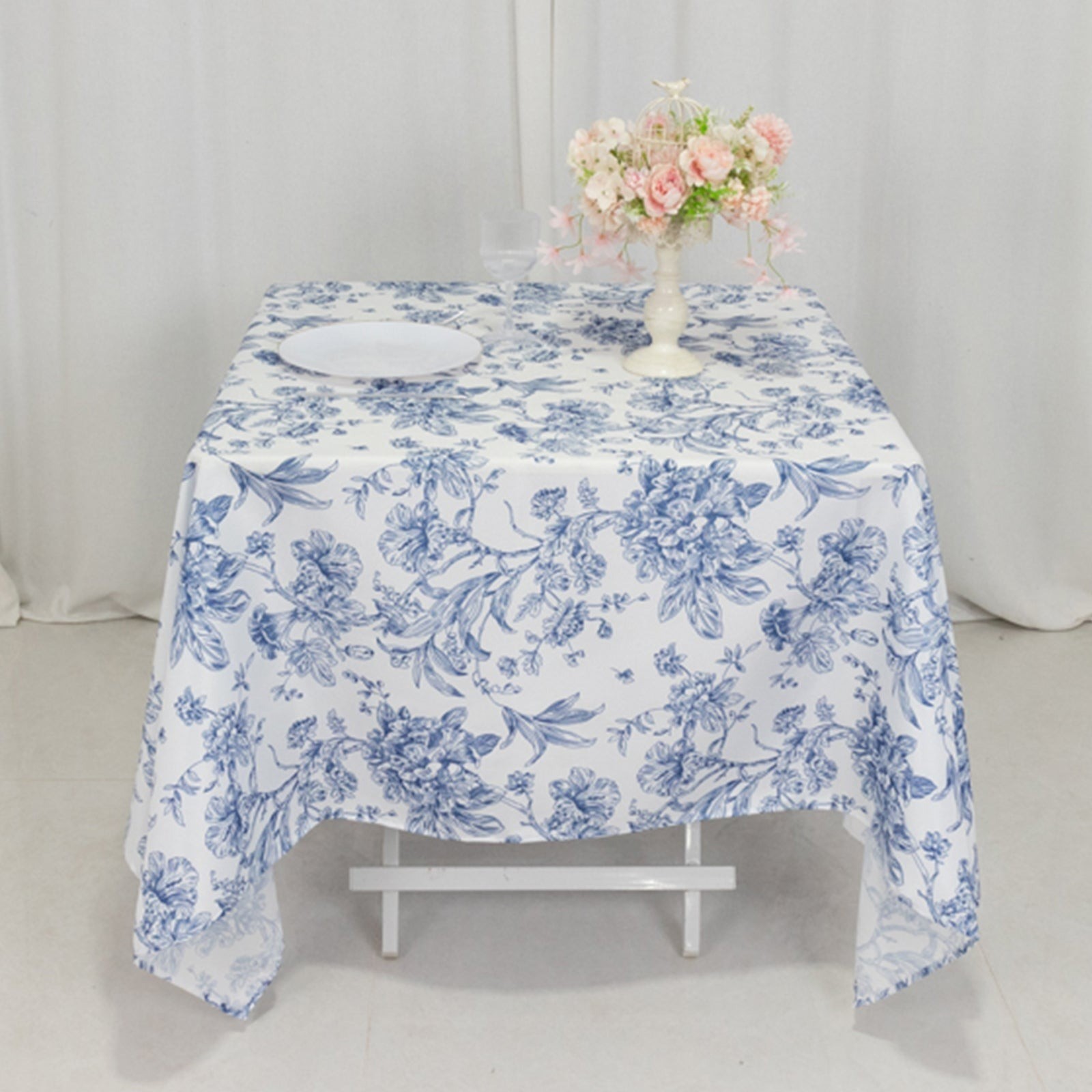 70" x 70" Blue French Toile Pattern Polyester Square Tablecloth Disposable gallery