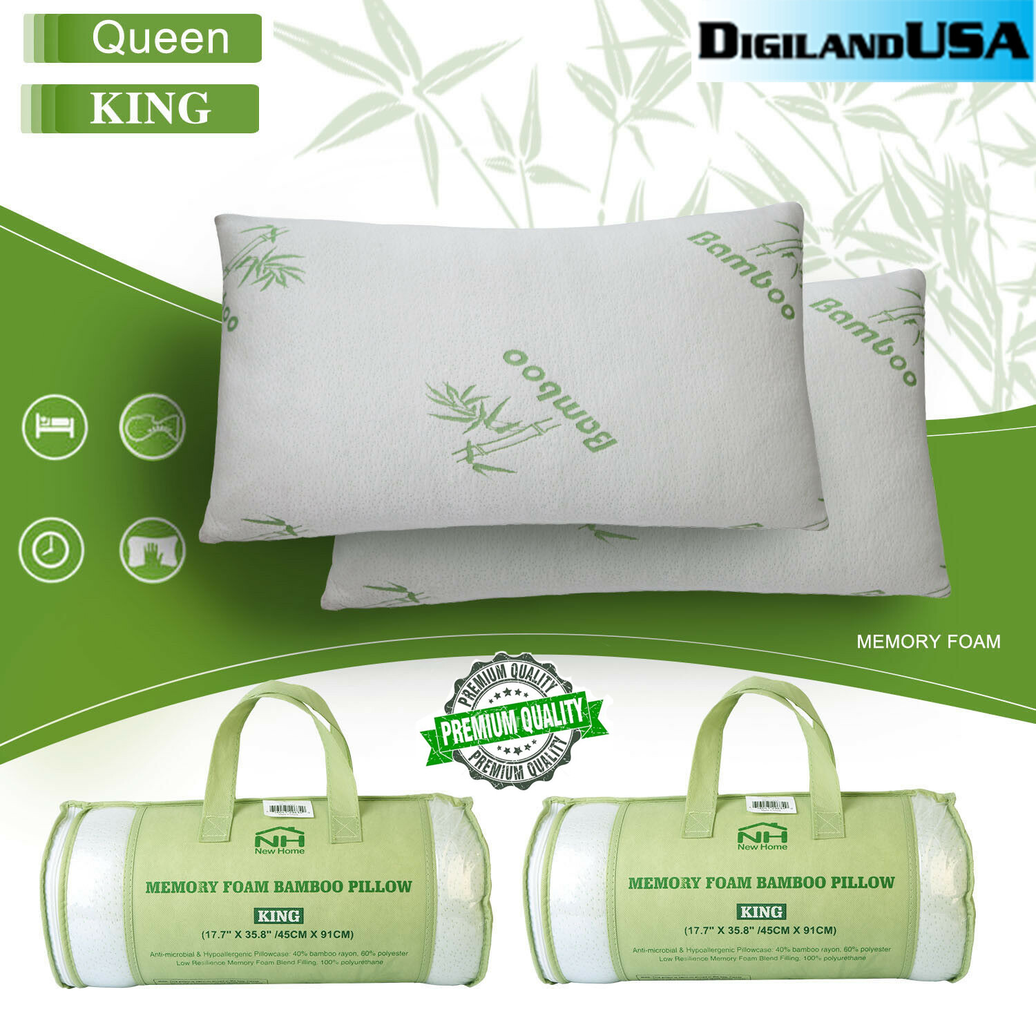 Bamboo Shredded Memory Foam Pillow Hypoallergenic Washable Cover Queen/King Size gallery
