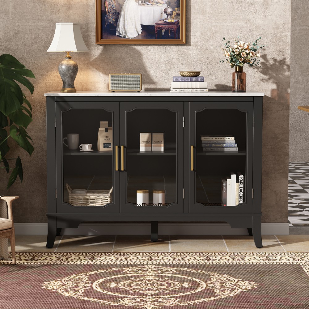 3 Door Entryway Storage Cabinet Pine Solid Wood MDF Glass Adjustable Shelves gallery