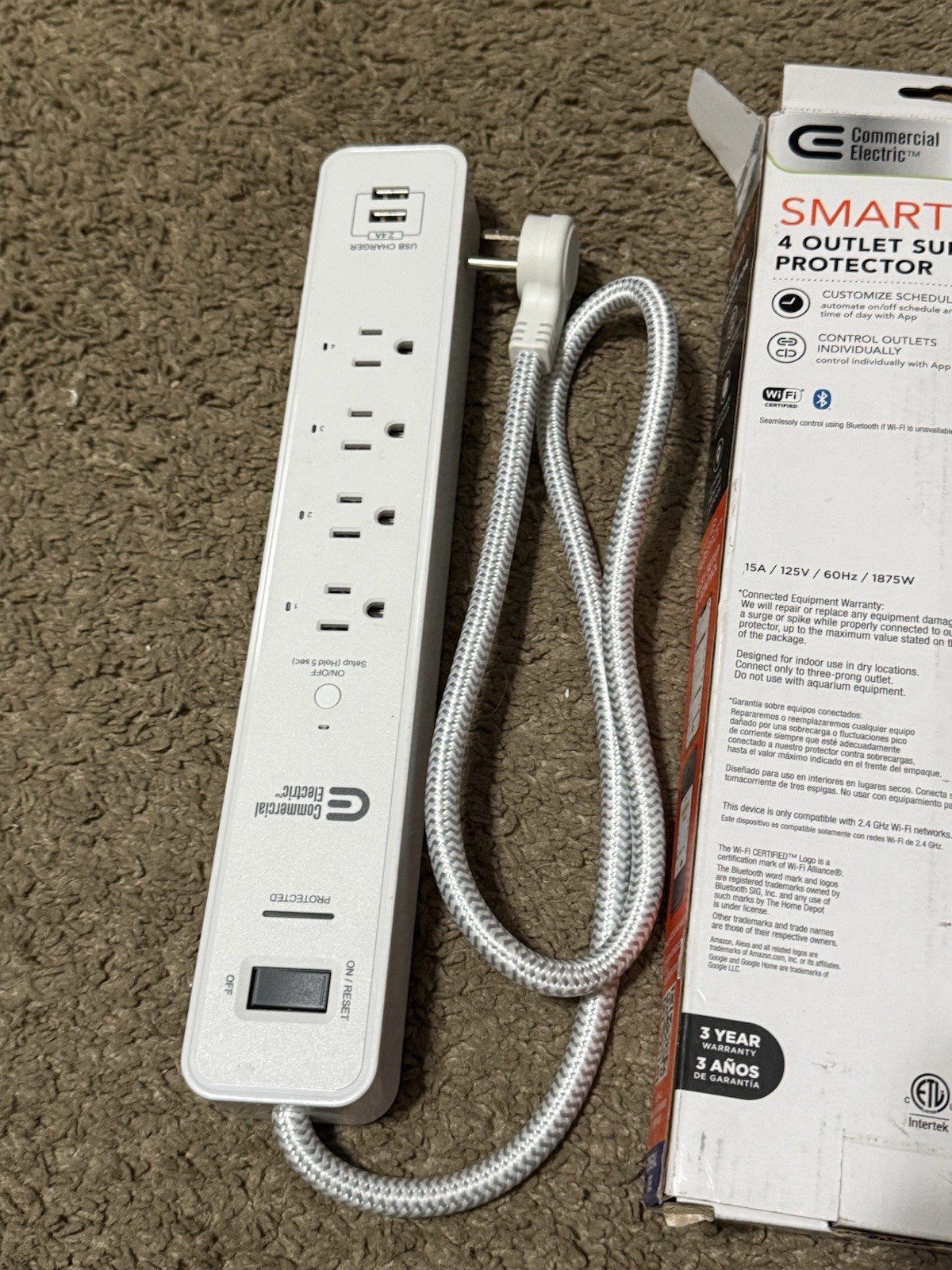 Commercial Electric 3 ft. 4-Outlet White Surge Protector Smart with USB Hubspace gallery