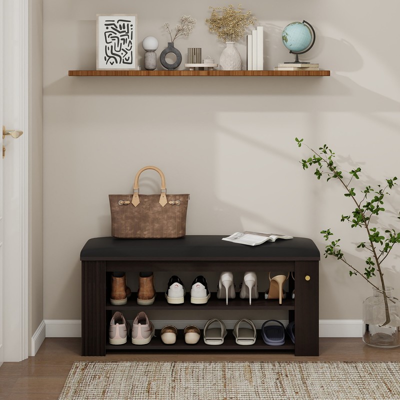 Entryway Bench with Storage and Hooks - PU Leather Ottoman Shoe Rack for Hallway gallery