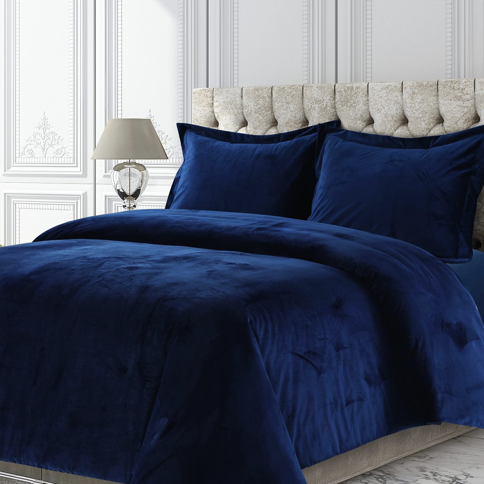 Velvet Duvet Cover Oversized 3 Piece Set with 2 Shams, 260-GSM King Navy Blue gallery