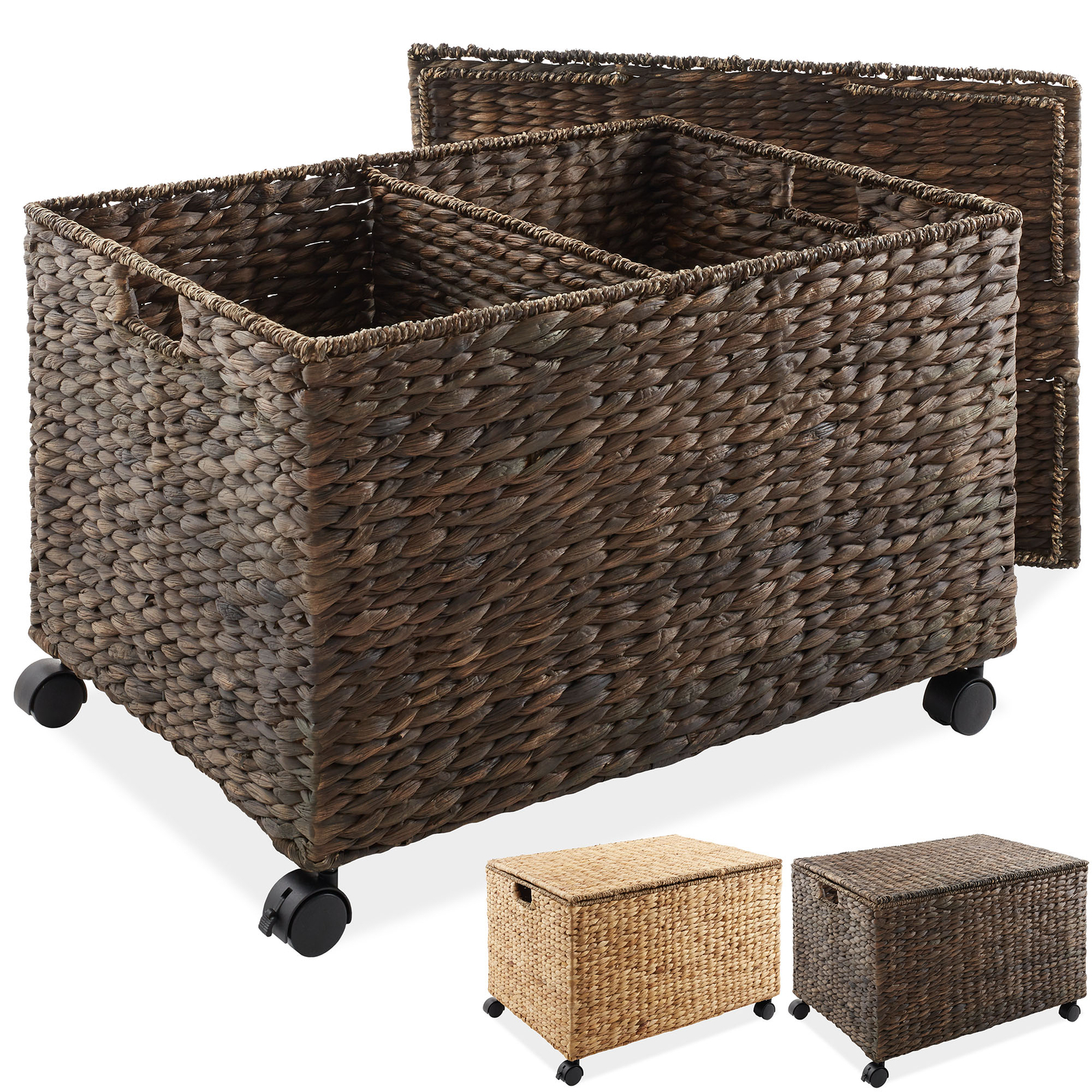 Rolling Storage Basket Cart w/ Lid & Wheels - Woven Wicker Divided Recycling Bin gallery