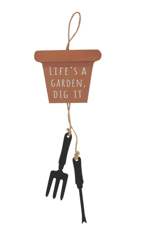 Life’s A Garden Dig It Sign Hanging Planter Digger Shapes Metal MDF Jute NEW gallery