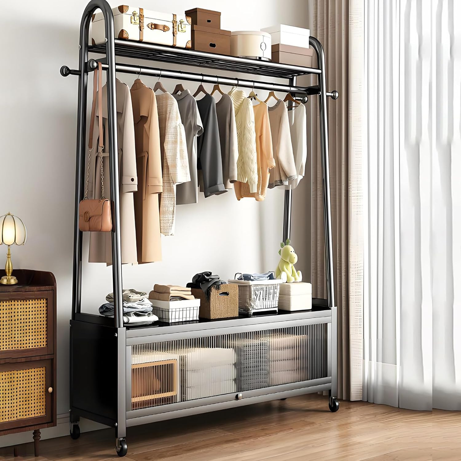Portable Freestanding Clothes Rack with Storage Cabinet & Wheels - Black gallery