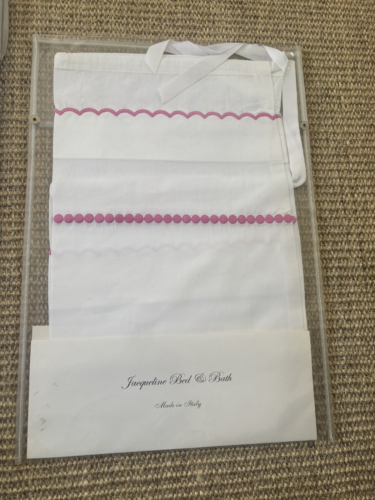 NIP Luxury Italian Embroidered Twin Flat Sheet & Neck Roll Sham White/Pink gallery