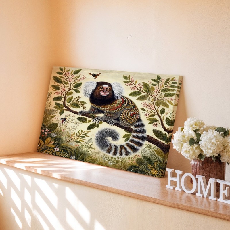 Whimsical Small Monkey on Branch with Detailed Foliage Canvas Wall Art Print gallery